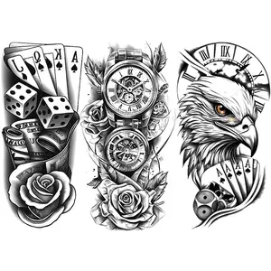 3 Pack Temporary Tattoos, Poker Eagle Rose Clock, Waterproof Realistic Fake Tattoos, Adult Long-Lasting Half Arm Sleeve, Daily & Event Decor