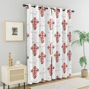 Christian Bible Verse Theme Print Blackout Curtains, Pink Ribbon Bow Wooden Cross with He is Good Scripture, Grommet Top Blackout Drapes Set of 2, Aesthetic Christian Home Decor, Must-Have for Christian Women Girls Faith Lovers