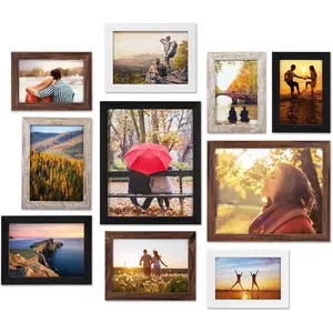 Four-Color Picture Frame Set, Fits Multiple Photo Sizes: Four 4x6-inch frames, four 5x7-inch frames, two 8x10-inch frames. Mix-and-match gallery-style collage frames. Wall-hangable or tabletop display. Ten-piece set.