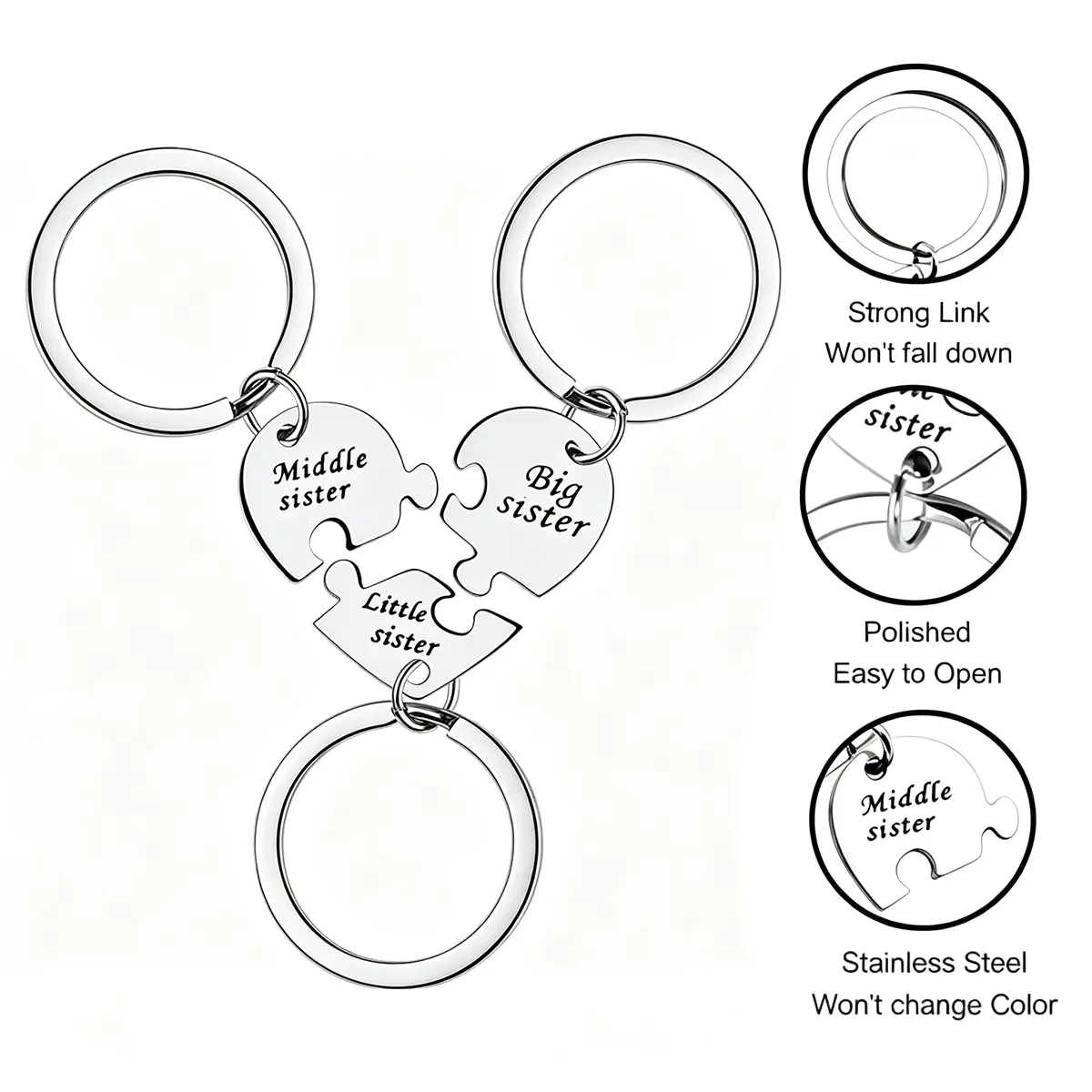 Women's Engraved Stainless Steel 3-Piece Puzzle Hearts Keychain Set, Sibling Matching Keychains for Women, Girls' Gifts