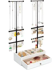 Elegant Vintage White Jewelry Organizer - Wooden Storage Box with Double Rods & 6-Tier Tree Holder for Necklaces, Bracelets, Earrings, and Rings - Perfect for Stylish Display and Organization Emfogo