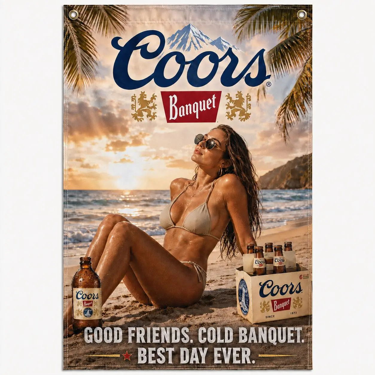 Coors Banquet Beach Girl Flag Tapestry, Vintage Beer Poster Wall Hanging, Tropical Sunset Man Cave Bar Garage Decor, Summer Gift for Beer Lovers