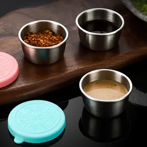 6 Pack 304 Stainless Steel Condiment Cups, Random Colors, Sealed Leak-Proof Mini Reusable Silicone Lids, Perfect for Salad Dressing, BBQ Seasoning