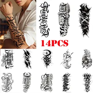 14 Sheets Temporary Tattoos for Women & Men, Half Arm Chicano Lettering Tattoos , Fake Temp Realistic Tattoo Stickers for Adults Girls Boys Shoulder Arm Leg Back