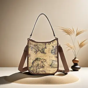 Vintage Map Print Convertible Shoulder Crossbody Bag Dual Straps Europe Mediterranean Sea Motif Brown Navy Pink Taupe