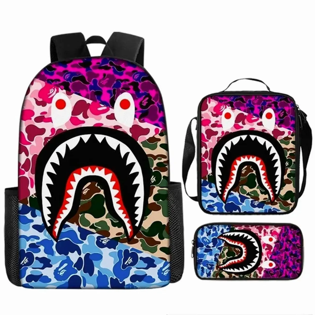 2026 New Camouflage Shark Graphic 3Pcs Backpack Set - Large Capacity Lightweight Travel Daypack Insulated Lunch Box Pencil Case - Back to School Gift