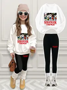 'STRANGER THINGS' Girls Cartoon Print Set, Casual Fitted Pants & Sweatshirt, Comfortable Elastic Waist, Fall Winter, Ages 4-12, Casual Outfit Set