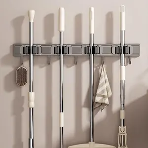 Space aluminum mop holder, no-drill multi-purpose mop hook, multifunctional wall-mounted bathroom broom storage rack
