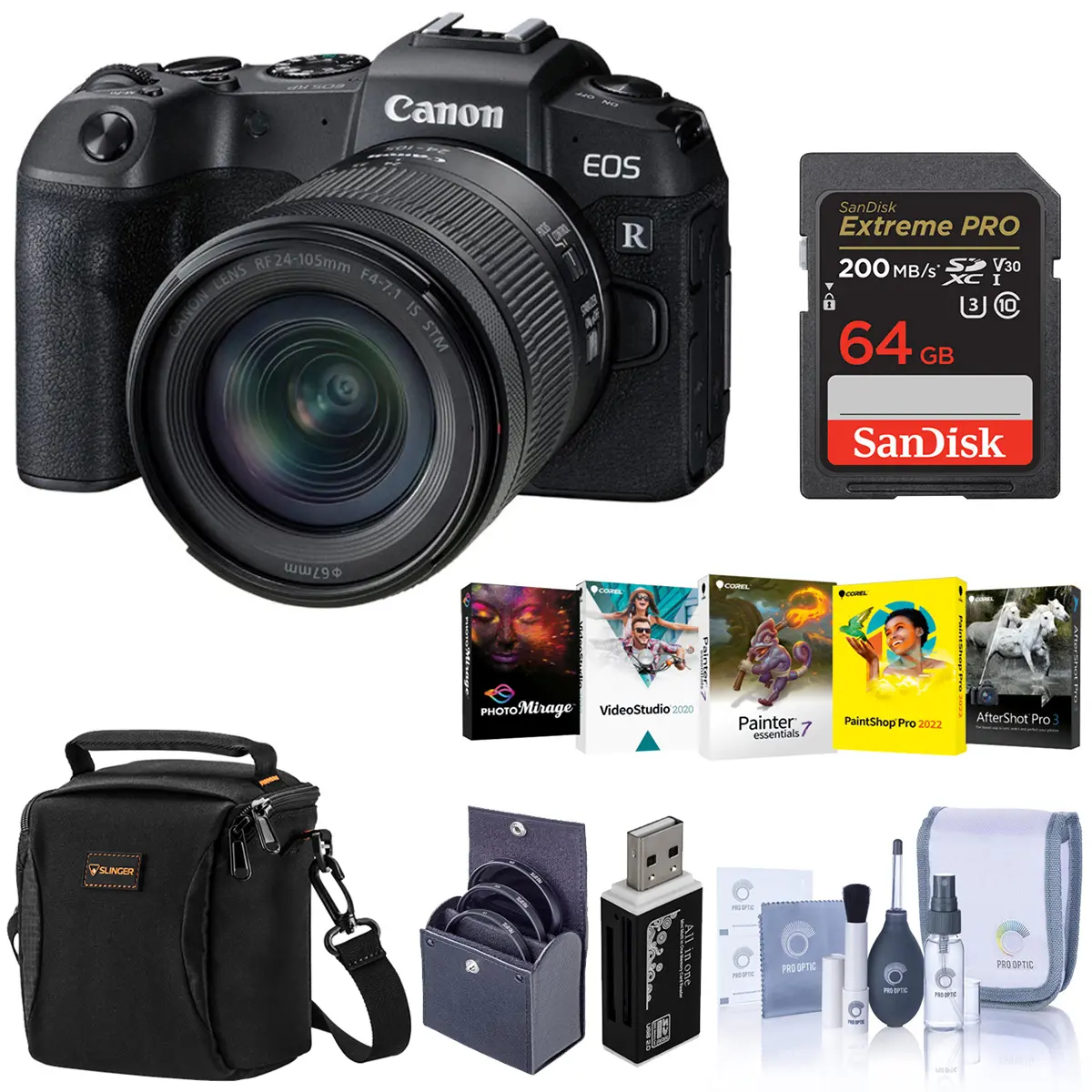 Canon EOS RP 26.2MP Full-Frame Mirrorless Camera with RF 24-105mm F4-7.1 IS STM Lens - Bundle With Camera Case, 64GB SDXC Card, 67mm Filter Kit, Cleaning Kit, PC Software