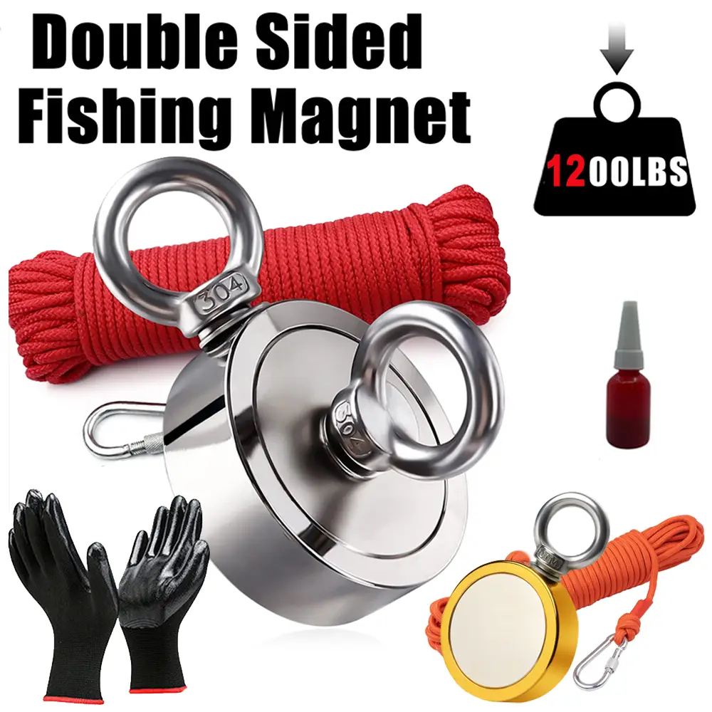 1200LBS Double Side Fishing Magnet, Heavy Duty Rare Earth Neo Dymium Magnet with Countersunk Hole Eyebolt, Rope and Carabiner for Retrieving Items in