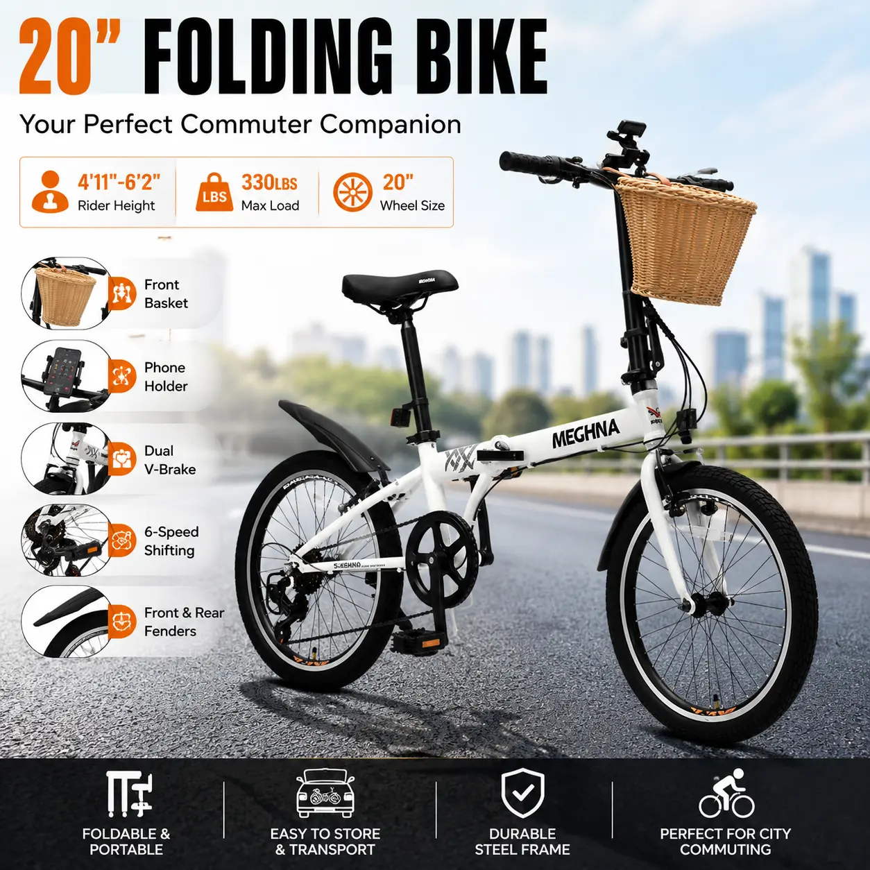 20-in Unisex Folding City Commuter Bike, Steel Frame, 6-Speed Dual V-Brake, Adjustable Seat, Quick-Fold Portable Compact Design, with Basket, Phone Holder, Fenders, Space-Saving for City Commuting & Urban Cycling, Fold Folding Bikes