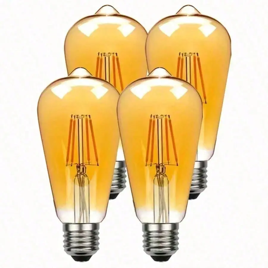 4PCS Dimmable Vintage 4W/6W ST64 Amber Glass Filament LED Edison Bulbs - Energy Saving Device, 64 * 148Mm, 1000lm, Warm White, Indoor Use for Kitchen Pendant Lights, Dining Room Decor