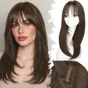 Beginner-Friendly Wig with Bangs for Women Medium Brown Straight -Framing Layers Hairstyle 4x4 Realistic Scalp Glueless Synthetic Wigs Medium Length for Everyday Use