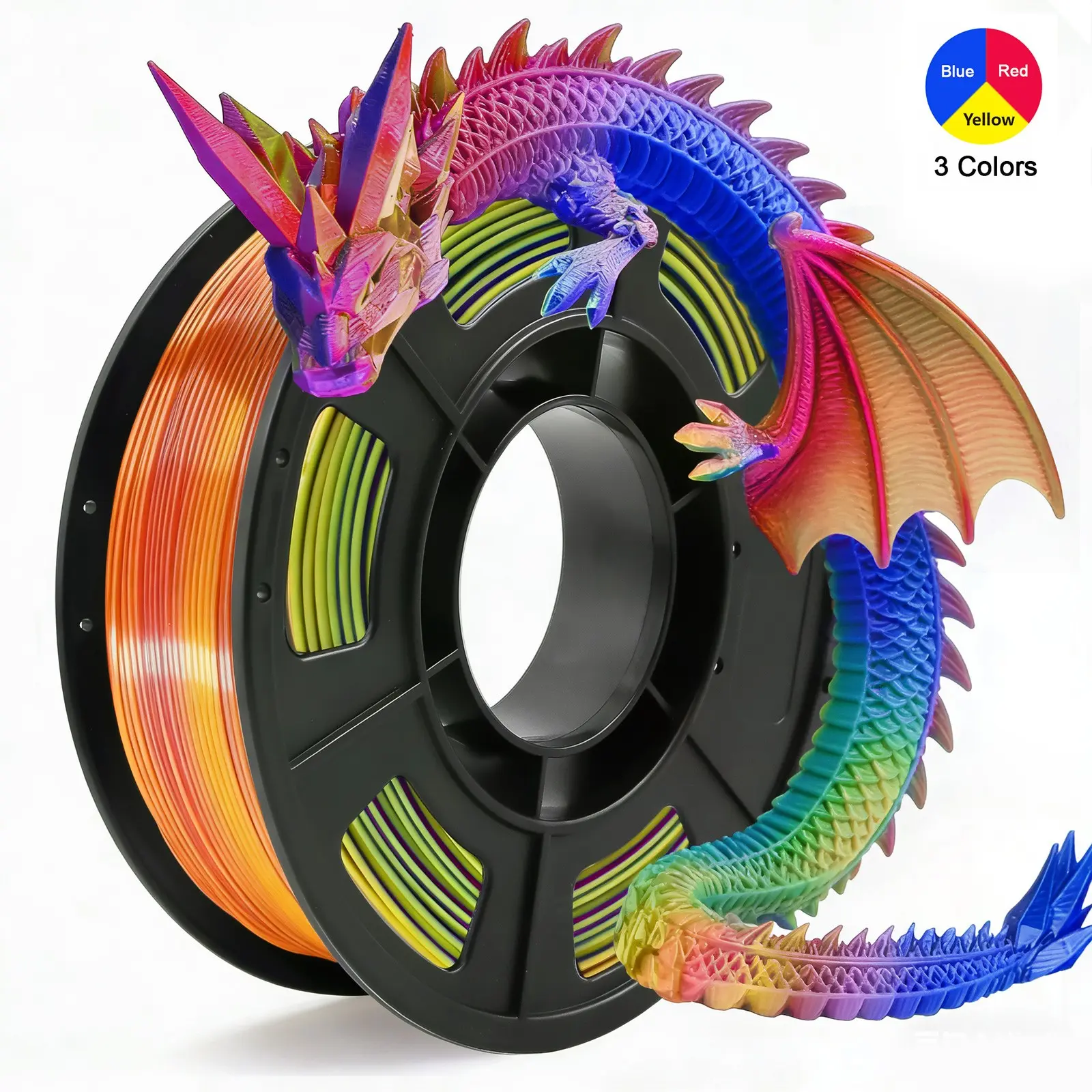 Tricolor Silk PLA 3D Printer Filament, 1.75mm Multicolor 3D Printing Filament, Red&Blue&Yellow Filament, 250g Spool(0.55lbs) Fits for Most FDM 3D Printers