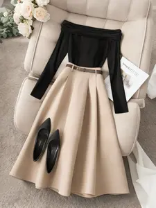 Elegant High-Waisted Pleated Midi Skirt with Belt for Women, Fitted A-Line Design for Daily Outing, Long All Season Skirt Womenswear