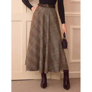 Vintage Elegant Women High Waist Plaid Skirt With Pockets, Casual A-Line Flare Skirt Homecoming Going Out Skirt Christmas Outfits Fall Skirts Fall Clothes Long Fall Skirt Brown Skirt Women Outfits Thanksgiving Skirt Maroon Skirt F