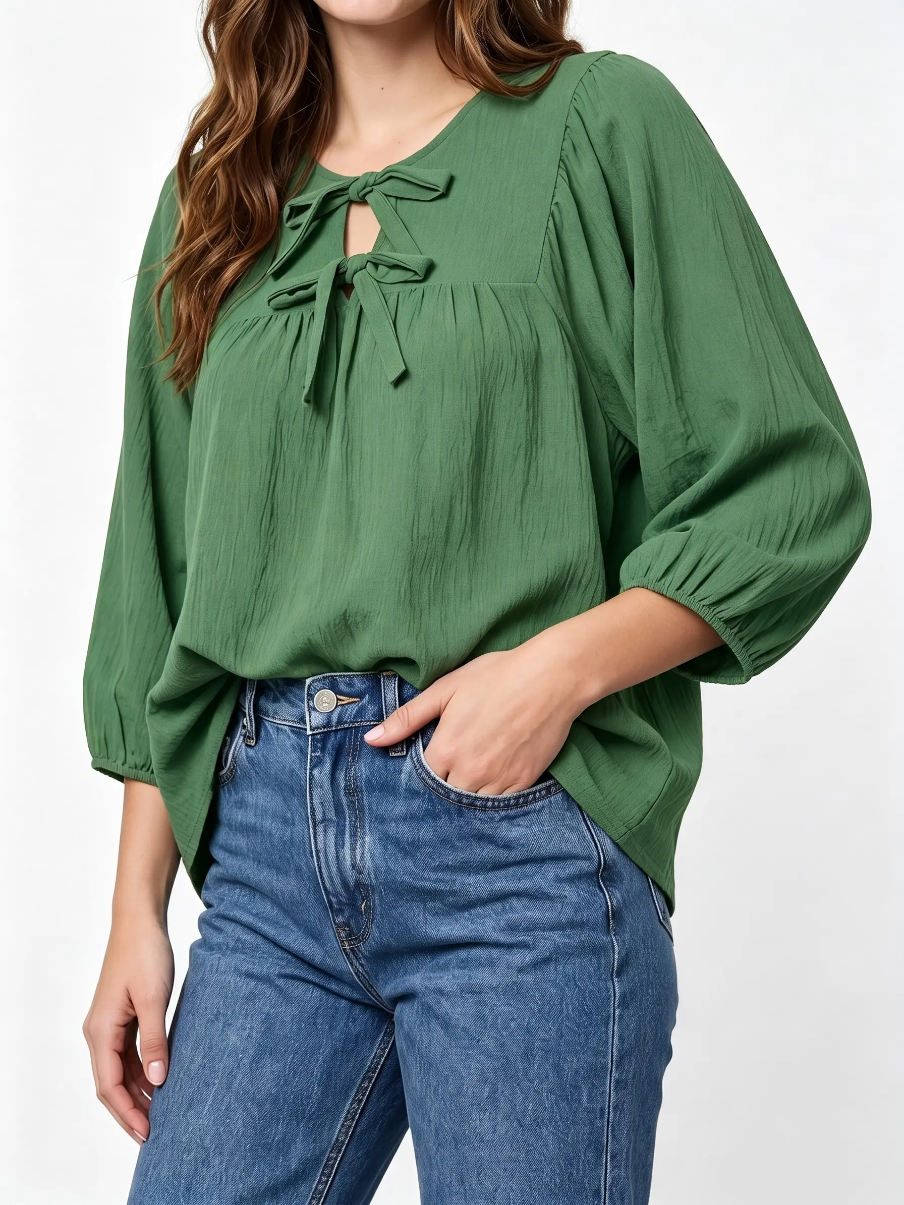 Shewin Women's Minimalist Solid Color Casual Blouse - Round Neck, 3/4 Sleeves, Bow Tie, Relaxed Fit, All Body Types, Basic Daily Wear Tops, Women's Clothes, Clothes For Women
