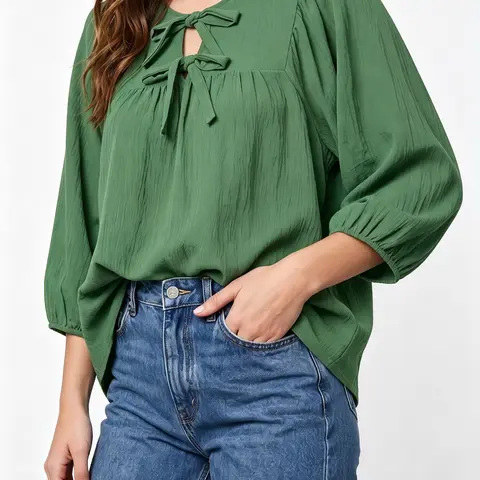 Shewin Women's Minimalist Collarless Blouse - 3/4 Sleeves, Round Neck, Bow Tie, Extra-Loose Fit, Curvy Style, Durable, Breathable Casual Top, Casual Basic Loose, Cute Tops for Women, Yearround Layering Daily Wear