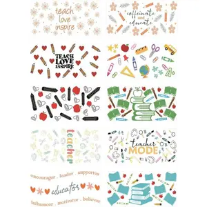 Teachers' Day Books UV DTF Cup Wrap,10Sheet UV DTF Cup Wraps for 16 Oz,Teacher Love Inspire Rub on Transfers,Waterproof Stickers for Glass Cups Stickers Decals for DIY Crafts,Teacher Gifts