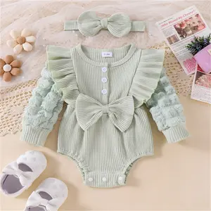 Baby Girls Ruffle Cotton Romper Solid Color Long Sleeve Jumpsuits and Cute Headband Set for Toddler Infant 2 Piece Outfits