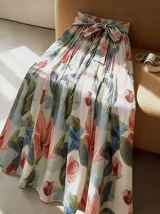 Women's High Waist A-Line Floral Bohemian Midi Skirt, Casual Fashion, Versatile Belted Design, Loose Fit, Long Skirt, Summer Half-Sleeve Dress, Womenswear, Bottoms, Boho, Elegance