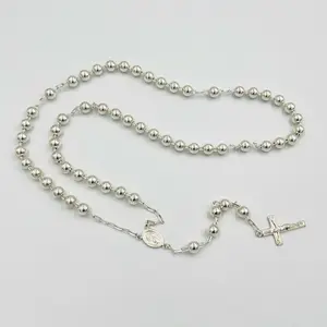 925 Mexican Silver 26” Symbolic Liso Decenario Rosary, Adult Jewelry with Our Lady of Miracles Medal and Jesus Cross