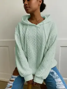 Women's Plus Size Fall Winter Loose Fit Casual Solid Color Knit Jacquard Long Sleeve Hoodie, Comfortable and Stylish Pullover Tops Knitwear