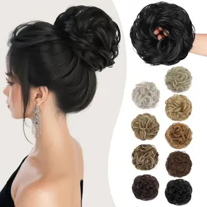 Black Brown Messy Bun Hair Piece, 1 Pack Fake Hair Messy Bun Scrunchies For Thin Hair Extension Curly Wavy Synthetic Chignon Ponytail Hair Pieces for Women