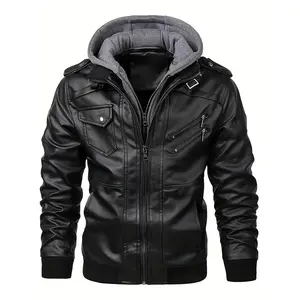 Men's casual black faux leather hooded jacket-adjustable strap, zipper pockets, long sleeve motorcycle style outerwear, motorcycle gear