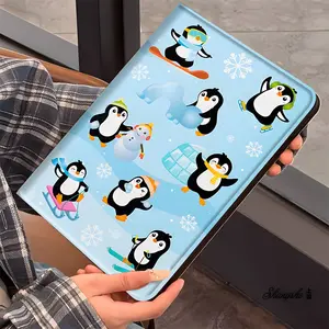 Cute Funny Penguin Blue iPad Case with Pencil Holder, Winter Snowflake Print,Protective Cover iPad Book-Style Case for iPad 7.9/8.3/10.2/10.5/10.9/11/12.9 13 inch, Full Protection and Pen Slot for Office and School Use, Perfect Gift for Family and Friends
