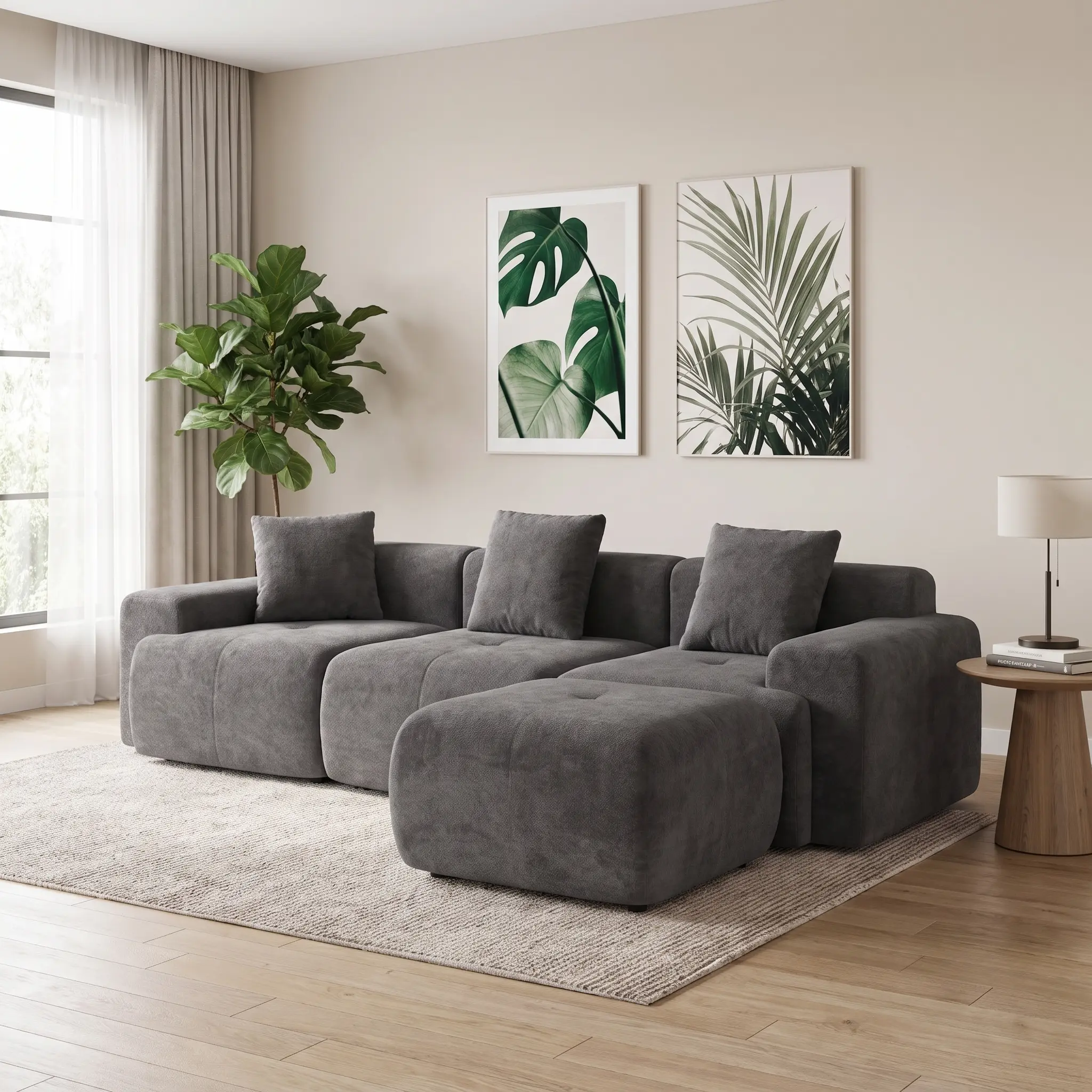 HIPIHOM Dark Gray Stain-Resistant Modular Sectional Sofa - 3-Seater Cloud Couch with Ottoman, Pillows, Soft Textured Fabric, Wide Padded Seat & Arms, Rounded Corners for Modern Living Room Homes, Stain Res.