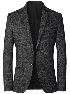 Men's Solid Pocket Button Front Blazer, Business Formal Long Sleeve Lapel Neckline Suit Jacket For Work Office, Menswear For Spring & Fall