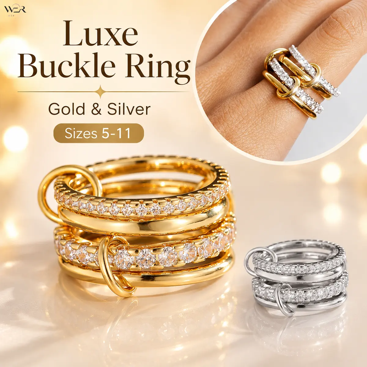 Women's Metallic Crystal Buckle Ring - Gold Tone or Silver, Layered Elegant Statement Costume Jewelry, Lightweight Comfortable for Daily Wear & Special Occasions, Rings for Women, Feminine