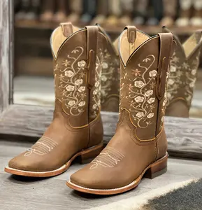071 JAZMIN TAN WOMEN’S BROWN FLORAL EMBROIDERED COWBOY BOOTS WESTERN COWGIRL MID-CALF BOOTS