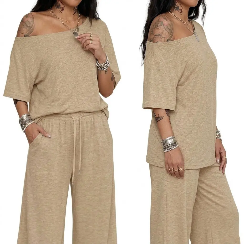 Women's 2-Piece Casual Sweatsuits - Ladies Tracksuit, Loose-Fit Slant Neck Off-Shoulder T-Shirt & Wide Leg Sweatpants, Solid Color Comfortable Woman 2 Piece Set for Summer Streetwear & Daily Outings