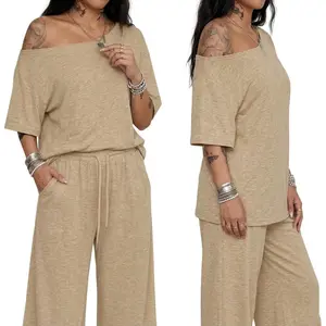 Women's Casual Two-Piece Sport Set with Slant Neck Off-Shoulder T-Shirt & Wide Leg Sweatpants - Minimalist Summer Streetwear for Daily Going Out - Comfortable Solid Color Loose Pant Suit for Spring & Fall Fashion