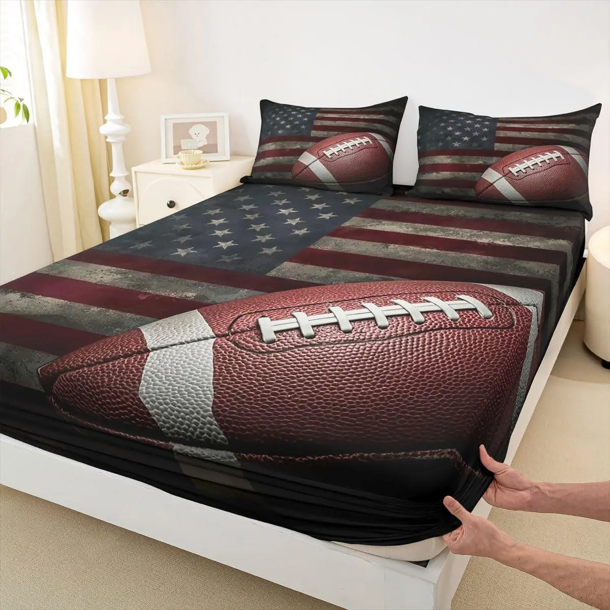 American Flag Fitted Sheet,Boys Football Bed Sheets Soccer Sports Games Bedding Set,United States Federations Stars Stripes Bedding Decor Set for Kids Teens Adult Bedroom Decor