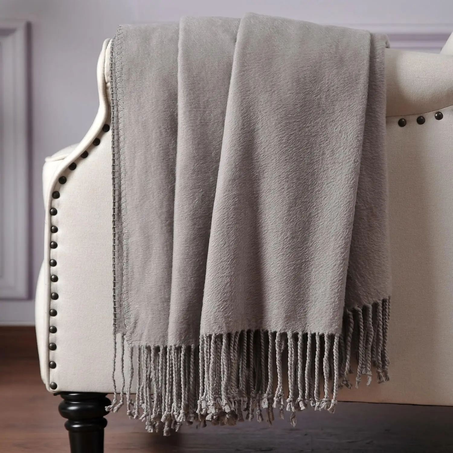 Silk Throw Blanket with Hand-Knotted Fringe, , Soft & Breathable (Gray)