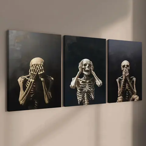 3-Piece Wood Framed Canvas Art Poster, Dark Skull Art Print, Modern Wall Decor for Living Room & Corridor, Home Decor Products, Decorative Artwork, High-Definition Waterproof