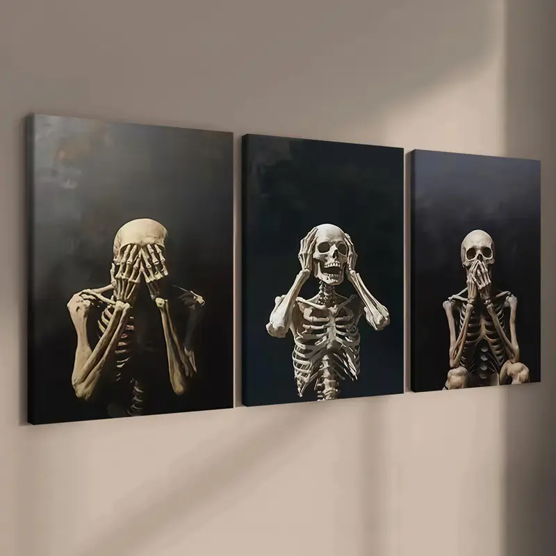3-Piece Wood Framed Canvas Art Poster, Dark Skull Art Print, Modern Wall Decor for Living Room & Corridor, Home Decor Products, Decorative Artwork, High-Definition Waterproof