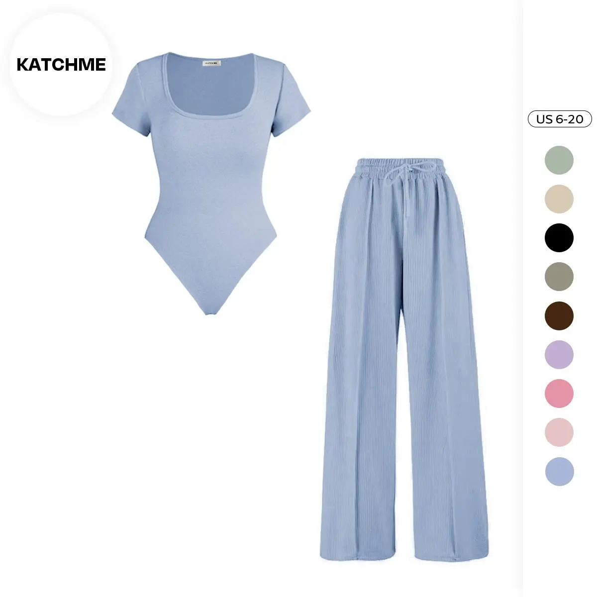 Katch Me Women's Minimalist Square Neck Bodysuit & High Waist Wide Leg Trousers Co-ord, Shapewear Bodysuit, Summer Two-Piece Outfit Womenswear