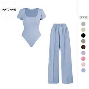 Katch Me Women's Minimalist Square Neck Bodysuit & High Waist Wide Leg Trousers Co-ord, Shapewear Bodysuit, Summer Two-Piece Outfit Womenswear