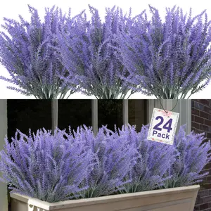 Artificial Lavender, 24pcs/set Lifelike Faux Lavender Plant, Fake Flowers Outdoor for Home Wedding Kitchen Garden Patio Window Box Office Table Centerpieces