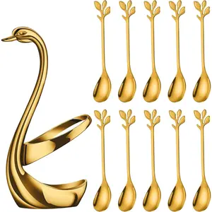 1 Set of Elegant Swan Shaped Spoon Holder Set, Equipped with 6 Stainless Steel Dessert Spoons, Suitable for Decorating Metal Utensils for Coffee, Tea, and Sugar