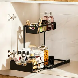 Undersink storage rack with 2 layers of high-quality metal pull-out kitchen cabinet storage box and sliding drawer, adjustable height, heavy-duty kitchen and bathroom storage container