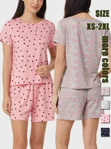 Women's Heart Print Tee & Elastic Waist Shorts Pyjama Set, Casual Comfy Round Neck Short Sleeve T-shirt & Shorts PJ Set, Ladies Sleepwear for All Seasons