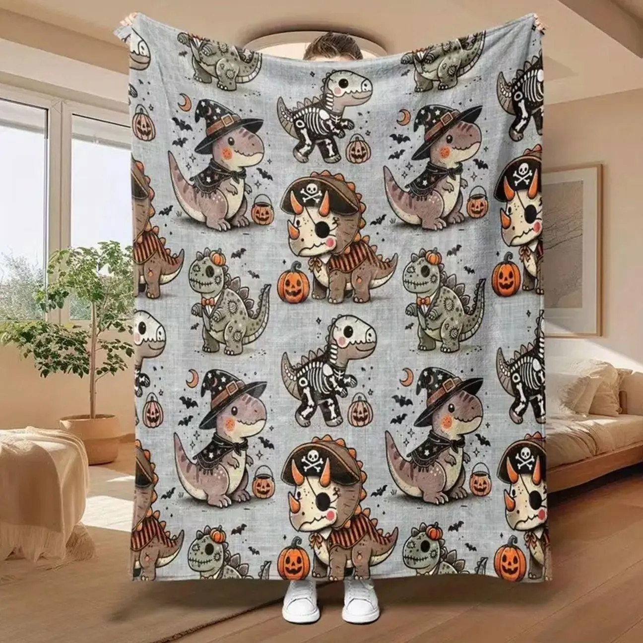 Cute Halloween Dinosaur Flannel Throw Blanket with Witch Hat, Pirate, Skeleton Dino, Pumpkin and Bat Print, Soft Cozy Lightweight Fleece Blanket for Couch, Bed, Sofa and Travel, Spooky Fall Home Decor Gift for Kids, Teens and Dino Lovers