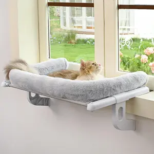 Cat Window Sill Perch with Large Bolster, Easy to Adjust & Assemble Cat Window Seat for Windowsill & Bedside, Pet Hammock Bed for Large Cats and Kittens (Grey, L)