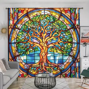 Tree Of Life Pattern Window Curtain, 2 Counts Colorful Glass Design Printed Curtain, Home Decor for Living Room Bedroom Kitchen Bathroom Study Room, Home Decoration Curtain
