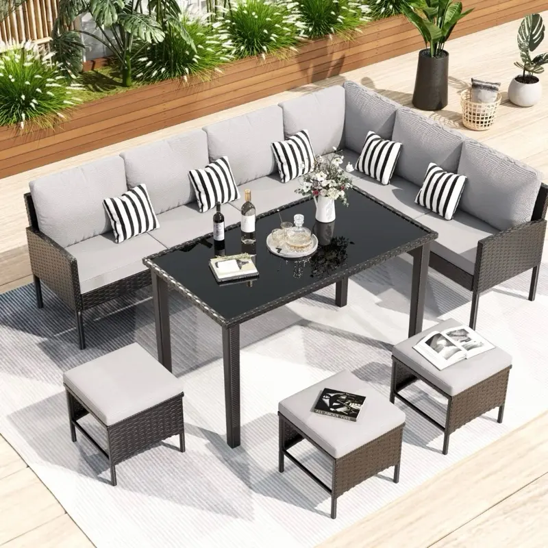 7-piece Outdoor Backyard Waterproof Seat Cushion, Glass Table, Patio Furniture S